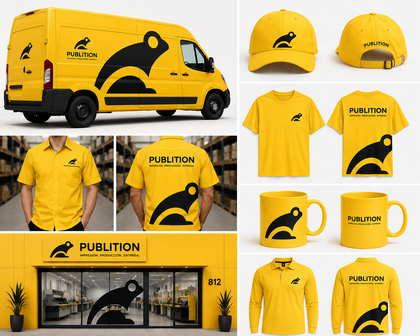Aplicaciones de marca Publition en productos y uniformes